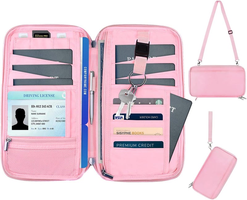 WALNEW RFID Family Passport Holder Wallet with Tracker/AirTag Holder, Travel Document Organizer Zipper Pouch with Wristlet and Cross Body Straps for Women Men - Image 1